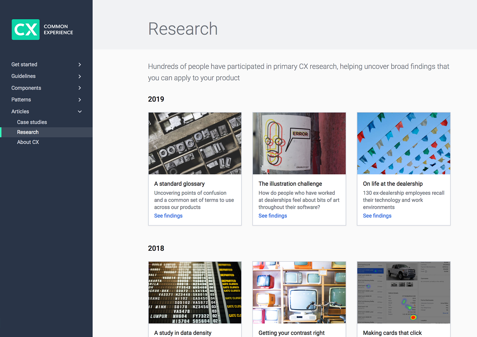 A screenshot of research articles that were hosted on the design system documentation website