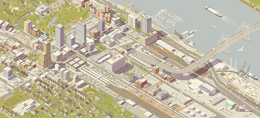 Isometric city vector illustration in high detail includes commercial and industrial centers, a shipping port, riverfront with bridge, and rail access. Details include shops, theaters, museums, schools, houses, parks, a marina, offices, boats, aviation, and parking. Hundreds of buildings and trees and thousands of vehicles are illustrated here manually, using vector software without the use of 3d programs.