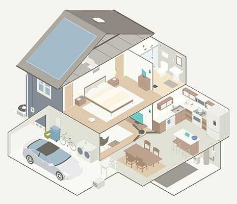 Detailed cutaway diagram of a two-level house, including basement, garage, ground level, upstairs level and attic. A variety of electrical and plumbing fixtures are included, along with heating, air conditioning, and a parked car. Furniture and other details complete the scene. Vector illustration presented in isometric view.
