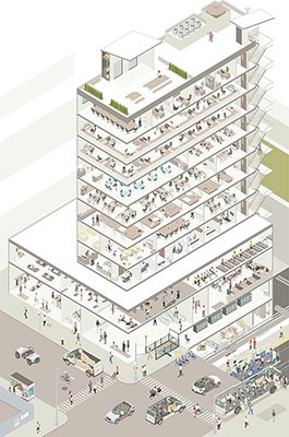 Illustration of a skyscraper cutaway with retail and offices