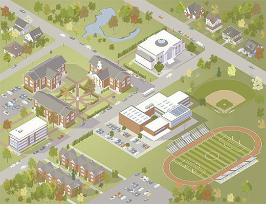 Illustration of an isometric college campus