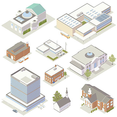Illustration of community and government buildings