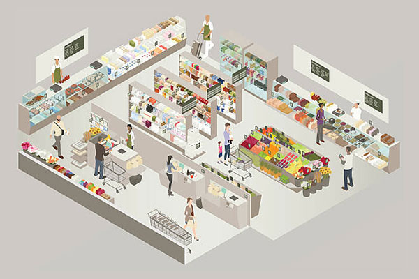 Interior of a grocery store is illustrated in isometric view. Includes produce section, bakery, deli, frozen foods, dairy, butcher and seafood counters, cashier, and self-checkout. Other details include customers, employees, shopping carts, and hundreds of packaged goods lining the shelves.