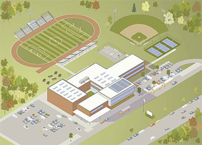 Illustration of an isometric high school exterior