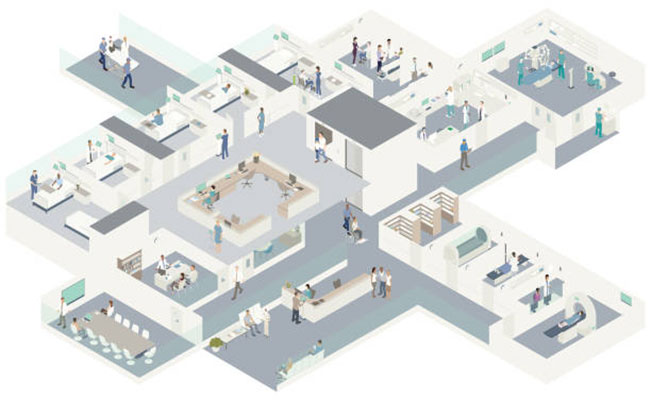 Detailed vector illustration of a contemporary hospital in isometric view. Cutaway reveals several rooms including a waiting area, conference room and administrative offices, surgery, lab, MRI, X-ray and scanning rooms, emergency, hospital pharmacy, a clinic section, and on the second level, patient rooms surrounded by a nurse's station. More than 50 unique people and an array of medical equipment and technology complete the scene.