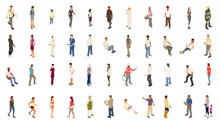 Isometric people illustrations include men, women, and children dressed for work and recreation. People walk, stand, sit, and perform a variety of activities. Use for architectural renderings, infographics, and illustrations. EPS vector and JPEG included. Flat vectors provided in a bold warm color palette.