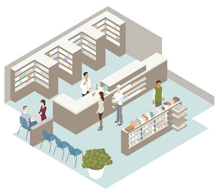 Illustration of a pharmacy cutaway
