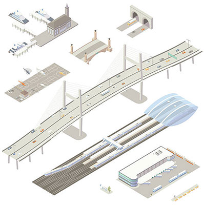 Illustration of isometric transportation-related structures