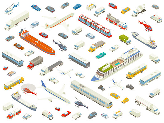 Dozens of different vehicles are arranged playfully and shown in isometric view. Cars, trucks, buses, boats, trains, airplanes, and helicopters are included in these detailed icons, in bold color.