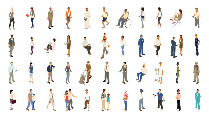 Isometric people illustrations include men, women, and children dressed for work and recreation. People walk, stand, sit, and perform a variety of activities. Use for architectural renderings, infographics, and illustrations. EPS vector and JPEG included. Flat vectors provided in a bold warm color palette.