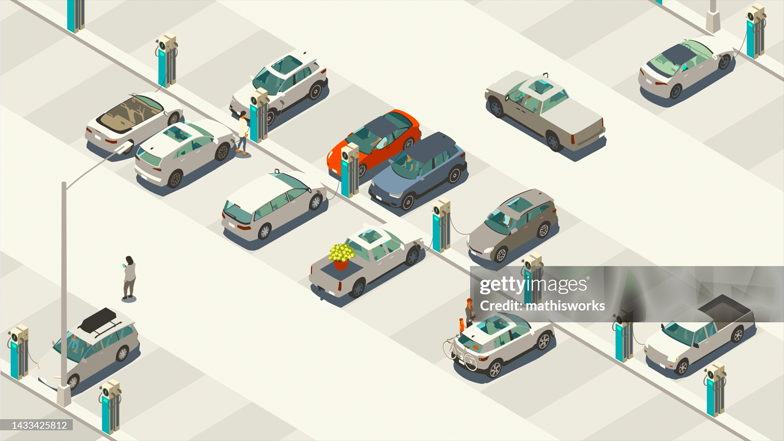 An illustration sample includes a lot filled with electric vehicles