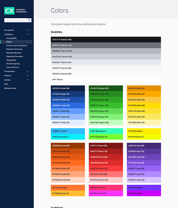 Screenshot of the design system showing the color palette